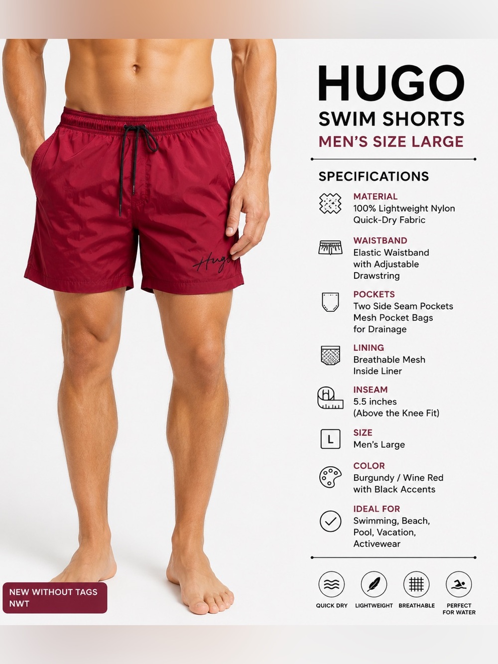 Hugo Red Men Quick Dry Swim Shorts - Large ⭐️Host Pick⭐️